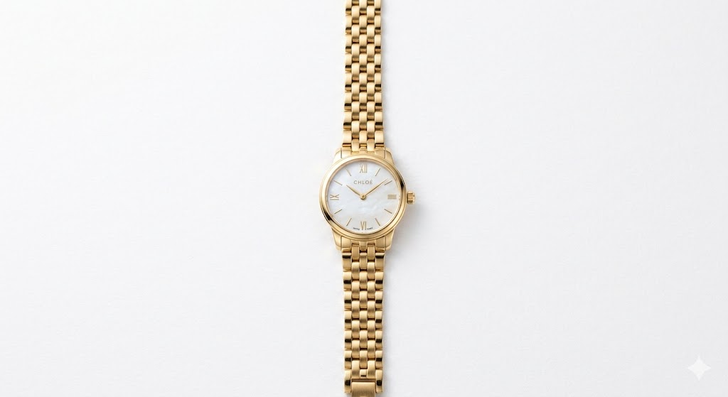 Relógio feminino dourado com mostrador de madrepérola